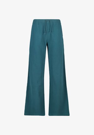 Pantalones anchos color teal con cinturilla elástica y cordón ajustable, fabricados en una tela suave, exhibidos sobre un fondo blanco.