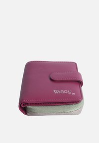 Purple leather wallet with a magnetic closure, featuring stitched accents and a contrasting green and silver base. Compact and rectangular shape.