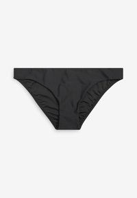 Čierne bikiny s hladkým, elastickým materiálom. Majú minimalistický dizajn, stredné pokrytie a zhrnuté akcenty po stranách.