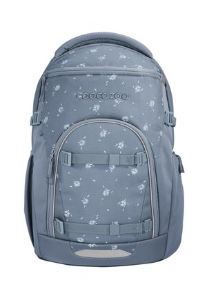 Blue Coocazoo backpack with white daisy print, front zippered pocket, adjustable straps, and top handle.
