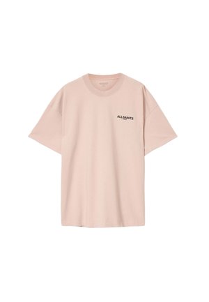 Lichtroze t-shirt met korte mouwen en ronde hals, met "ALLSAINTS London" tekst in het zwart gedrukt op de linkerborst.