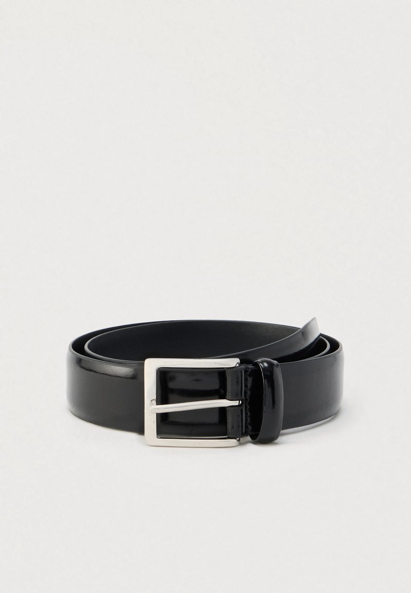 Rolled black glossy leather belt with a silver rectangular metal buckle on a plain light background.
