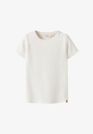 Wit korte mouw katoenen peuter T-shirt met ronde hals en klein merkje aan de onderzoom.