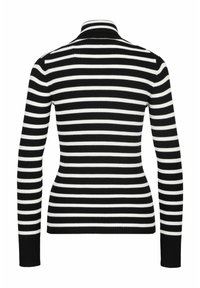 Schwarz-weißer gestreifter Rollkragenpullover mit gerippter Textur und langen Ärmeln. Bietet einen taillierten Schnitt und einen hohen Kragen für eine enganliegende Passform.