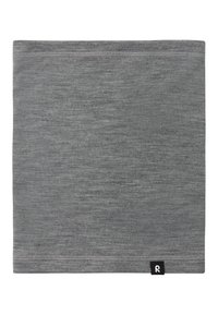 Gaiter da collo grigio realizzato in un morbido tessuto testurizzato, con un design senza cuciture e un piccolo etichetta con logo su un bordo.