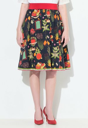 Knee-length floral skirt with a black background, red waistband, and intricate patterns of fruits, flowers, and decorative elements.