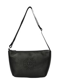 Borsa a tracolla in pelle nera con finitura strutturata, caratterizzata da un logo al centro, una tracolla regolabile singola e una chiusura con cerniera.