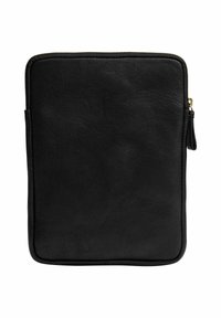 Sorte læder tablet cover med en glat tekstur, flad design og en guld lynlås lukning langs den øverste side. Ingen yderligere accenter eller mønstre.