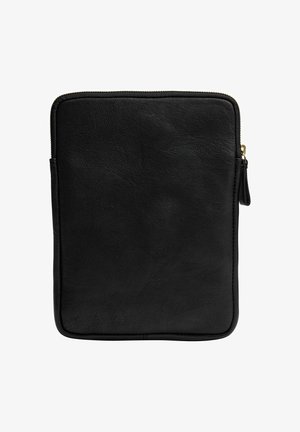 Husa pentru tabletă din piele neagră, cu o textură netedă, design plat și un fermoar auriu pe partea superioară. Fără accente sau modele suplimentare.