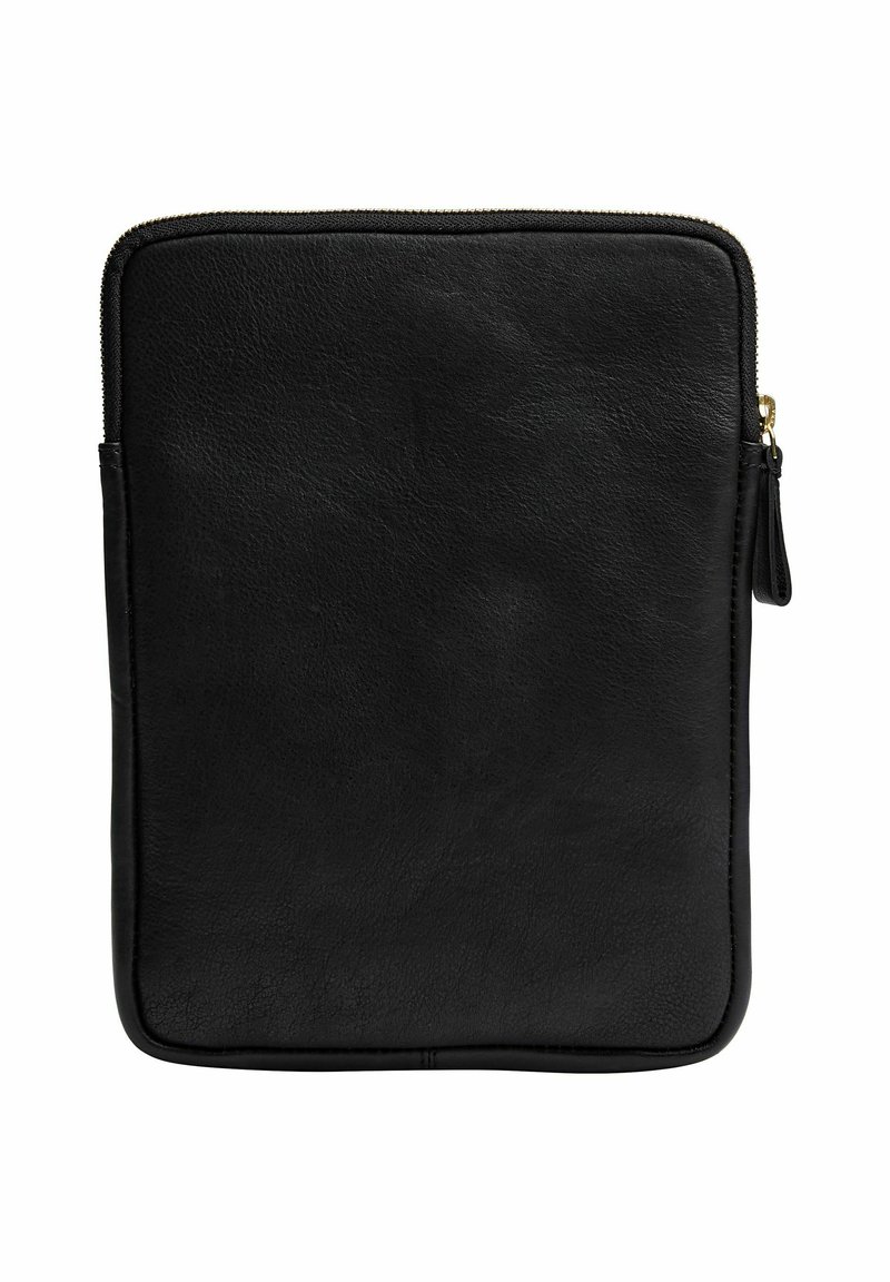 Sorte læder tablet cover med en glat tekstur, flad design og en guld lynlås lukning langs den øverste side. Ingen yderligere accenter eller mønstre.