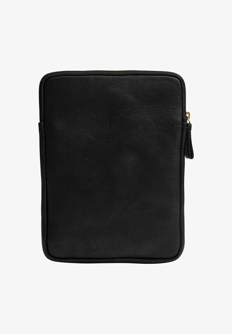 Sorte læder tablet cover med en glat tekstur, flad design og en guld lynlås lukning langs den øverste side. Ingen yderligere accenter eller mønstre.