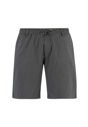 Dunkelgraue Herren-Casual-Shorts mit elastischem Bund, Kordelzug, Gürtelschlaufen und Vordertaschen, dargestellt vor weißem Hintergrund.