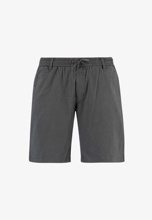 Dunkelgraue Herren-Casual-Shorts mit elastischem Bund, Kordelzug, Gürtelschlaufen und Vordertaschen, dargestellt vor weißem Hintergrund.