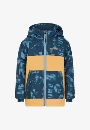 Giacca a zip blu e gialla con cappuccio. Presenta motivi astratti di montagne, due tasche frontali, polsini elasticizzati e un logo sul petto.