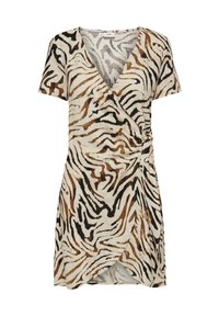 Robe portefeuille à manches courtes en tissu crème avec un motif rayé zèbre brun et noir, col en V et détail de nœud sur le côté.