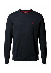 Marineblauwe gebreide trui met lange mouwen, ronde halslijn, geribde manchetten en zoom. Heeft een klein rood logo op de borst.