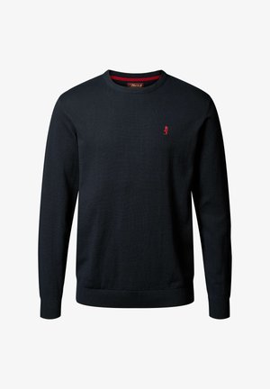 Pulover tricotat de culoare albastru marin, cu mâneci lungi, decolteu rotund, cu manșete și tiv presentations cu nervuri. Prezintă un mic logo roșu pe piept.
