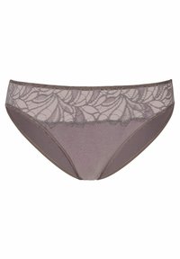 Halbtransparente Spitzenbikini in Taupe mit floralem Muster am Bund, bestehend aus einem glatten, einfarbigen Stoffkörper und einem gewellten Saum.
