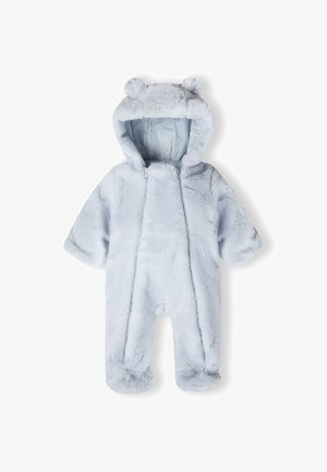 Lyseblå børnesneaksuit lavet af blødt faux fur, med hætte med bjørneører, lange ærmer og lynlåsfortøjning foran.