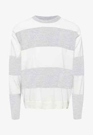 Bela in svetlo siva črtasta majica s krožnim ovratnikom, dolgimi rokavi ter rebrastimi zapestji in robom, izdelana iz mehkega, strukturiranega materiala.