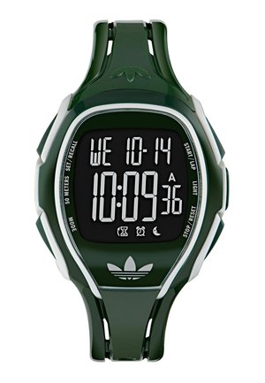 Montre de sport numérique avec un bracelet en plastique vert foncé, un écran LCD rectangulaire noir, des accents blancs et des accessoires en argent. Étanche jusqu'à 50 mètres.