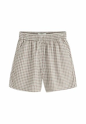 Brune og hvide gingham ternede shorts med elastisk talje og sidelommer, vist på hvid baggrund.