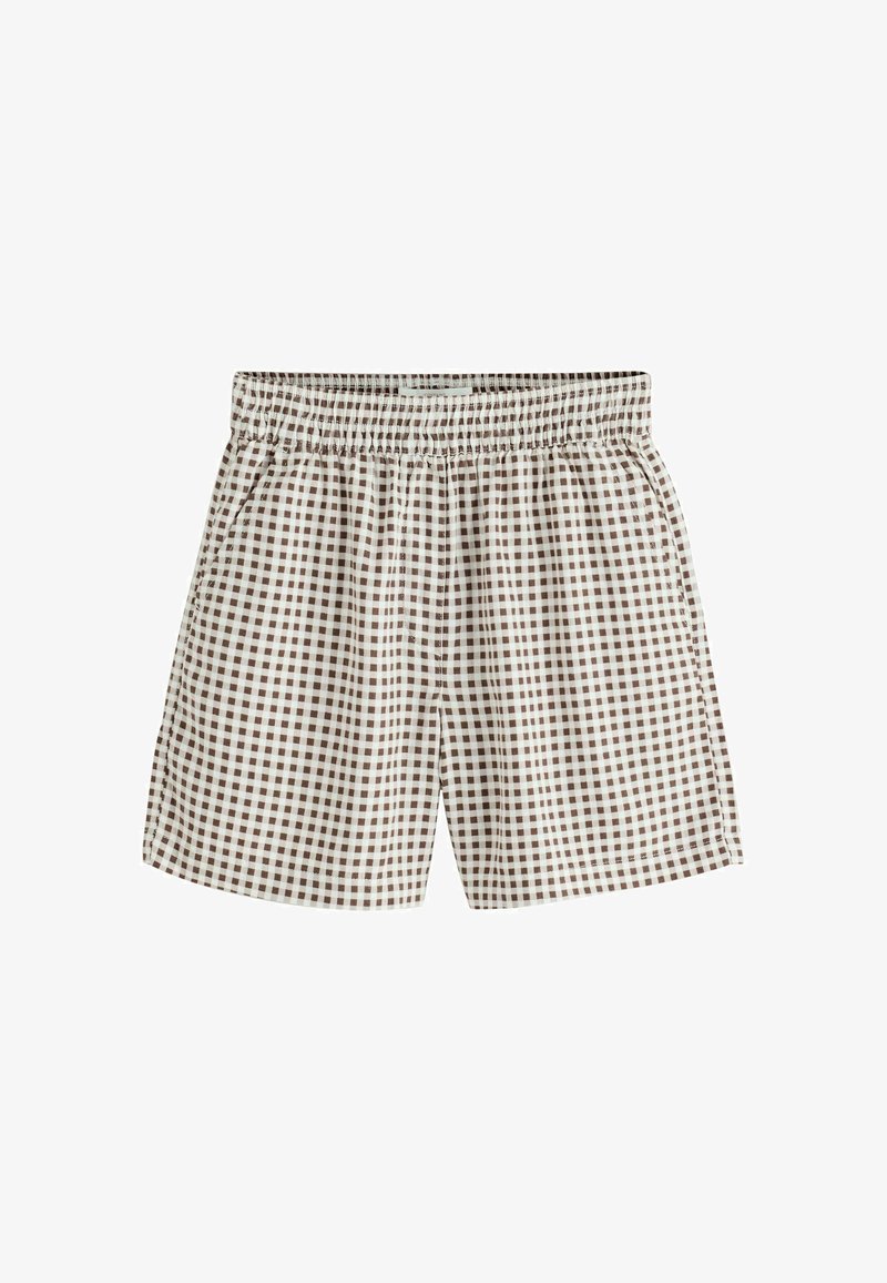 Short élastiqué à carreaux vichy marron et blanc avec poches latérales, présenté sur fond blanc.
