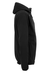 Giacca softshell nera con cappuccio, polsini elasticizzati e orlo con cordino. Texture liscia con design minimalista e tasche laterali.
