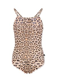 Unepiece badedragt med leopardprint, bølgete kanter, tynde stropper og en glat tekstur. Overvejende beige med sorte og brune pletter.