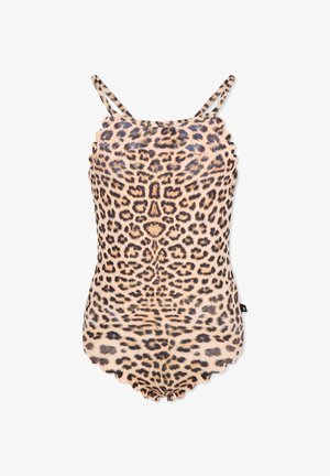 En leopardmönstrad baddräkt med scallopkant, tunna axelremmar och en slät textur. Predominerande beige med svarta och bruna fläckar.