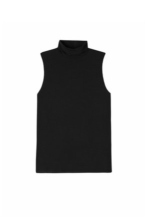 Schwarzes ärmelloses Turtleneck-Top aus einem glatten, dehnbaren Stoff. Verfügt über einen hohen Kragen und eine figurbetonte Silhouette. Schlichtes, minimalistisches Design.