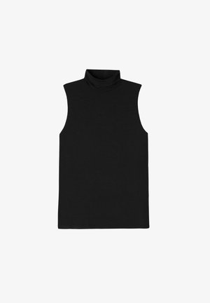 Schwarzes ärmelloses Turtleneck-Top aus einem glatten, dehnbaren Stoff. Verfügt über einen hohen Kragen und eine figurbetonte Silhouette. Schlichtes, minimalistisches Design.