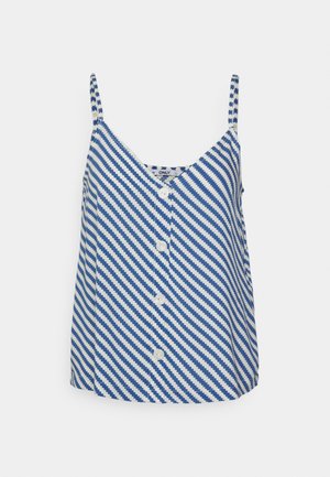 Spaghetti strap top featuring a blue and white diagonal stripe pattern, five white buttons, and a lightweight fabric.