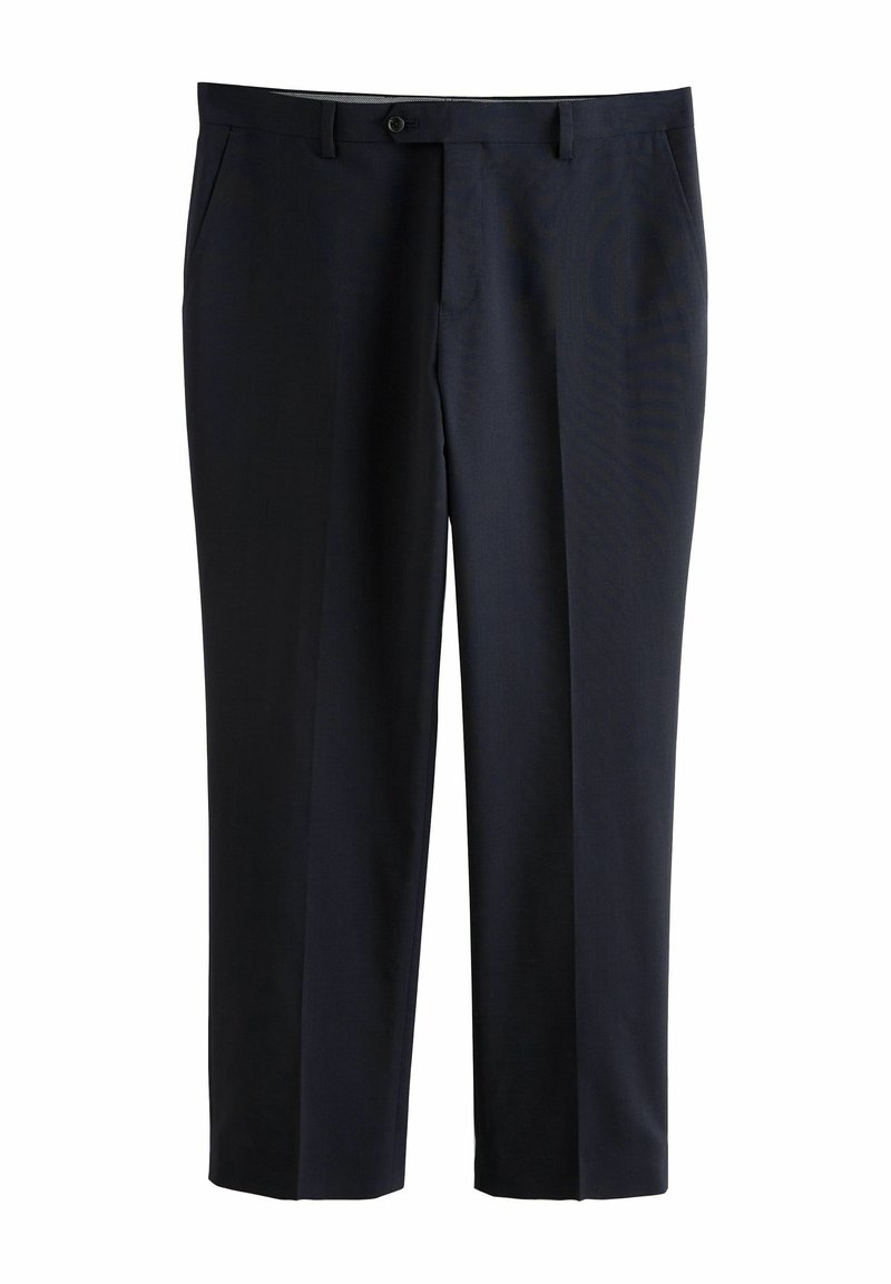 Pantalon bleu marine en tissu lisse, avec une coupe ajustée, doté de deux poches latérales et d'une fermeture à bouton, avec un pli marqué à l'avant.
