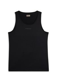 Camiseta sin mangas negra de tela suave, con cuello redondo. Logotipo "Freddy" impreso en un tono oscuro sutil en la parte frontal.