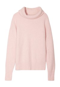 Pull en tricot doux, rose clair, avec un col montant côtelé et des manches longues. Présente une coupe décontractée ainsi que des poignets et un ourlet côtelés.