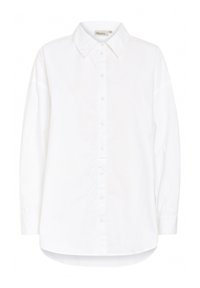 White button-up shirt with a point collar, long sleeves, and a curved hem. Made from a smooth, lightweight fabric. Subtle sheen.