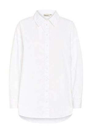 White button-up shirt with a point collar, long sleeves, and a curved hem. Made from a smooth, lightweight fabric. Subtle sheen.