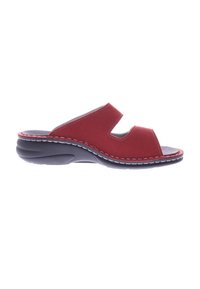 Red slip-on sandals with dual straps, smooth upper material, contrasting gray sole, and decorative white stitching along the edges.