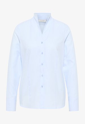 Lichtblauwe overhemd met gestructureerde kraag, lange mouwen en een textuurstof met kleine patronen. Voorkant met blauwe knopen.