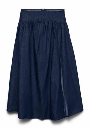 Donkerblauwe denim midi-rok met gerimpelde taille en zijsplit, voorzien van een ritssluiting aan de achterkant.