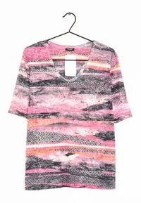 Short-sleeve V-neck top with a colorful pattern of pink, gray, and orange stripes, featuring geometric accents and a textured appearance.