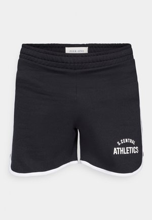 Pantalones cortos deportivos negros con ribete blanco, con una textura suave y un logotipo impreso, "S.CENTRAL ATHLETICS", en el lado inferior izquierdo.