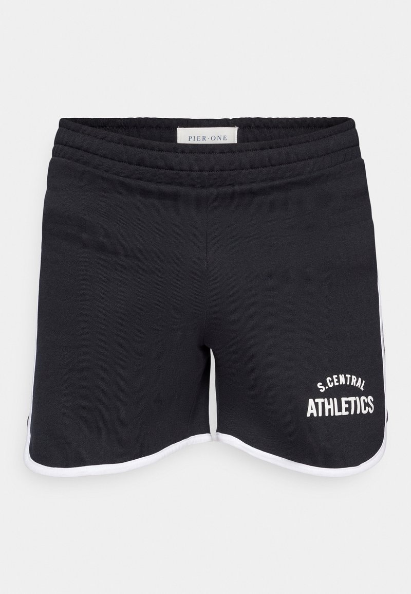 Shorts de sport noirs avec une bordure blanche, présentant une texture douce et un logo imprimé, "S.CENTRAL ATHLETICS", sur le bas côté gauche.