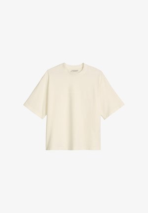 Off-white, oversized T-shirt met korte mouwen, een ronde halslijn en subtiele logotekst in het midden op de borst.