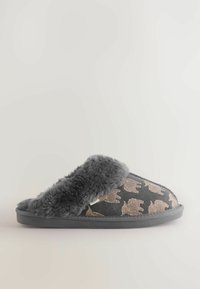 Gray slipper with a fluffy strap, featuring a black upper adorned with gold hedgehog patterns. Soft texture with a rubber sole.