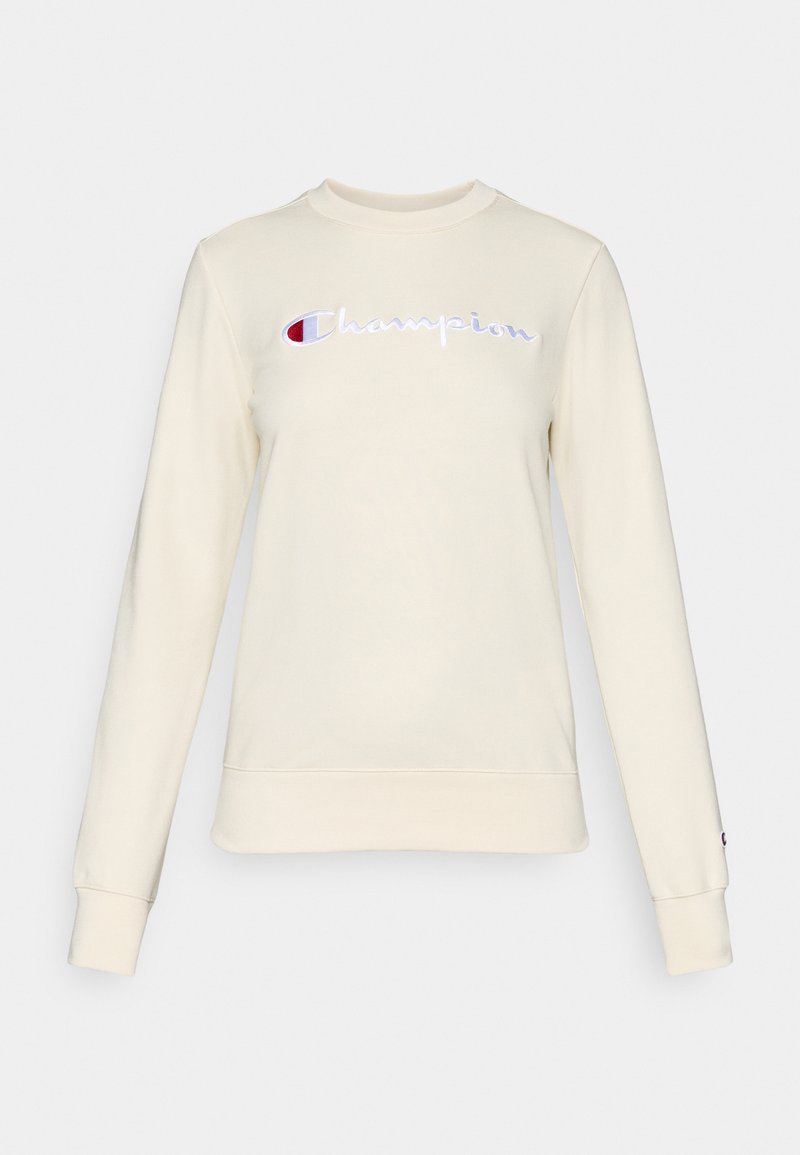 Cremfarbener Pullover mit rundem Halsausschnitt, langen Ärmeln und gesticktem "Champion"-Logo in Weiß und Rot auf der Brust.