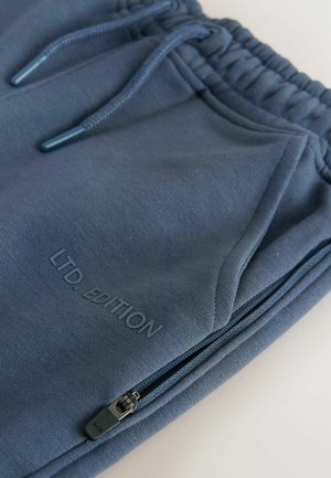 Šedomodré teplákové kalhoty s páskem na šňůrku, zipovými kapsami a embosovaným nápisem "LTD. EDITION" na látce. Hladká textura.
