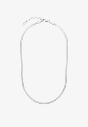Collier chaîne serpent en argent avec fermoir en forme de homard et chaînette d'extension réglable sur fond blanc.