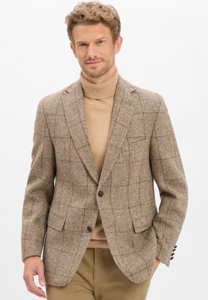 Mann mit hellbraunem Haar, der ein braunes karierte Blazer, einen beigen Rollkragenpullover und khakifarbene Hosen vor einem weißen Hintergrund trägt.